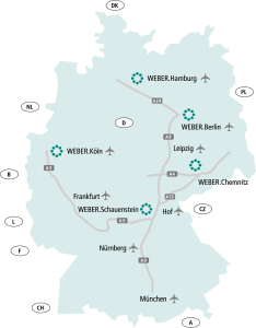 Deutschlandkarte mit Standorten der ROLF WEBER GRUPPE