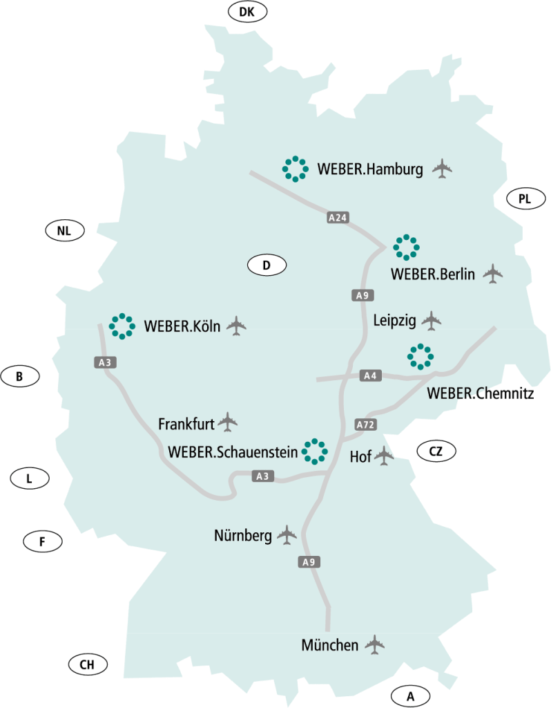 Deutschlandkarte mit Standorten der ROLF WEBER GRUPPE
