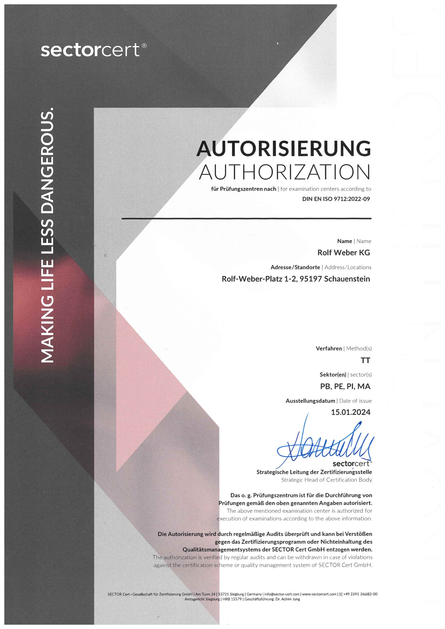 Rolf Weber Autorisierungsurkunde Prüfungszentrum